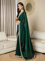 Women's Satin Green Embellished Ready to Wear with Blouse Piece