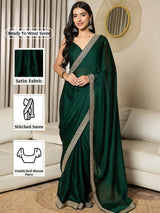 Women's Satin Green Embellished Ready to Wear with Blouse Piece