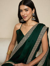 Women's Satin Green Embellished Ready to Wear with Blouse Piece