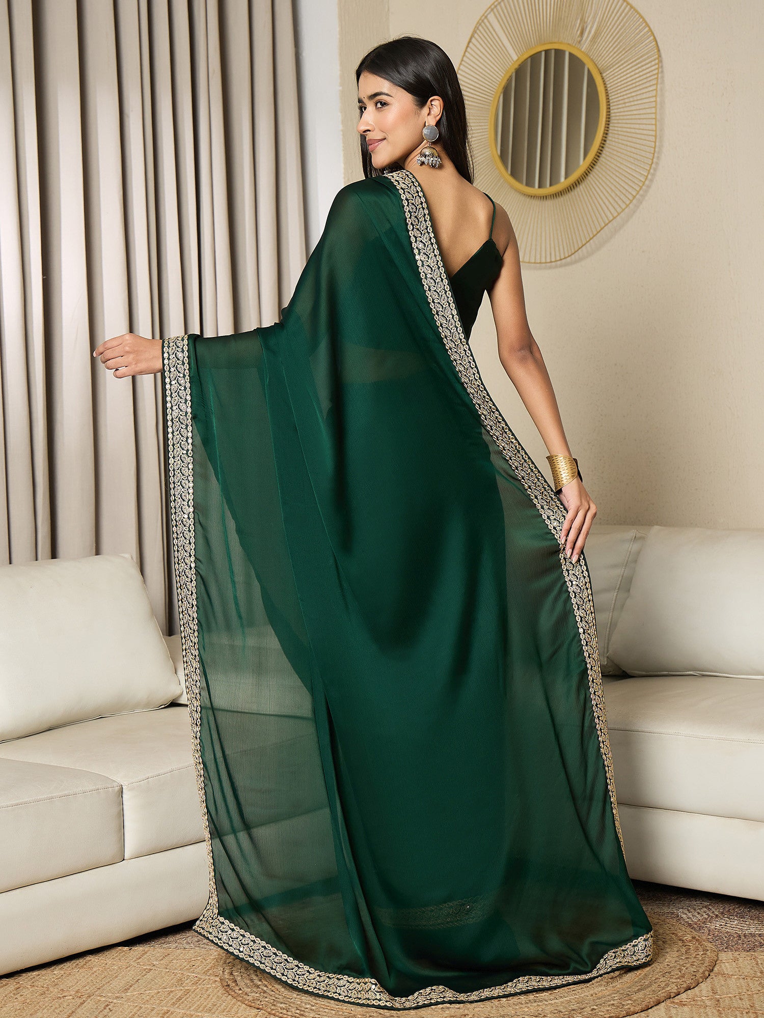 Women's Satin Green Embellished Ready to Wear with Blouse Piece