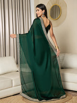Women's Satin Green Embellished Ready to Wear with Blouse Piece