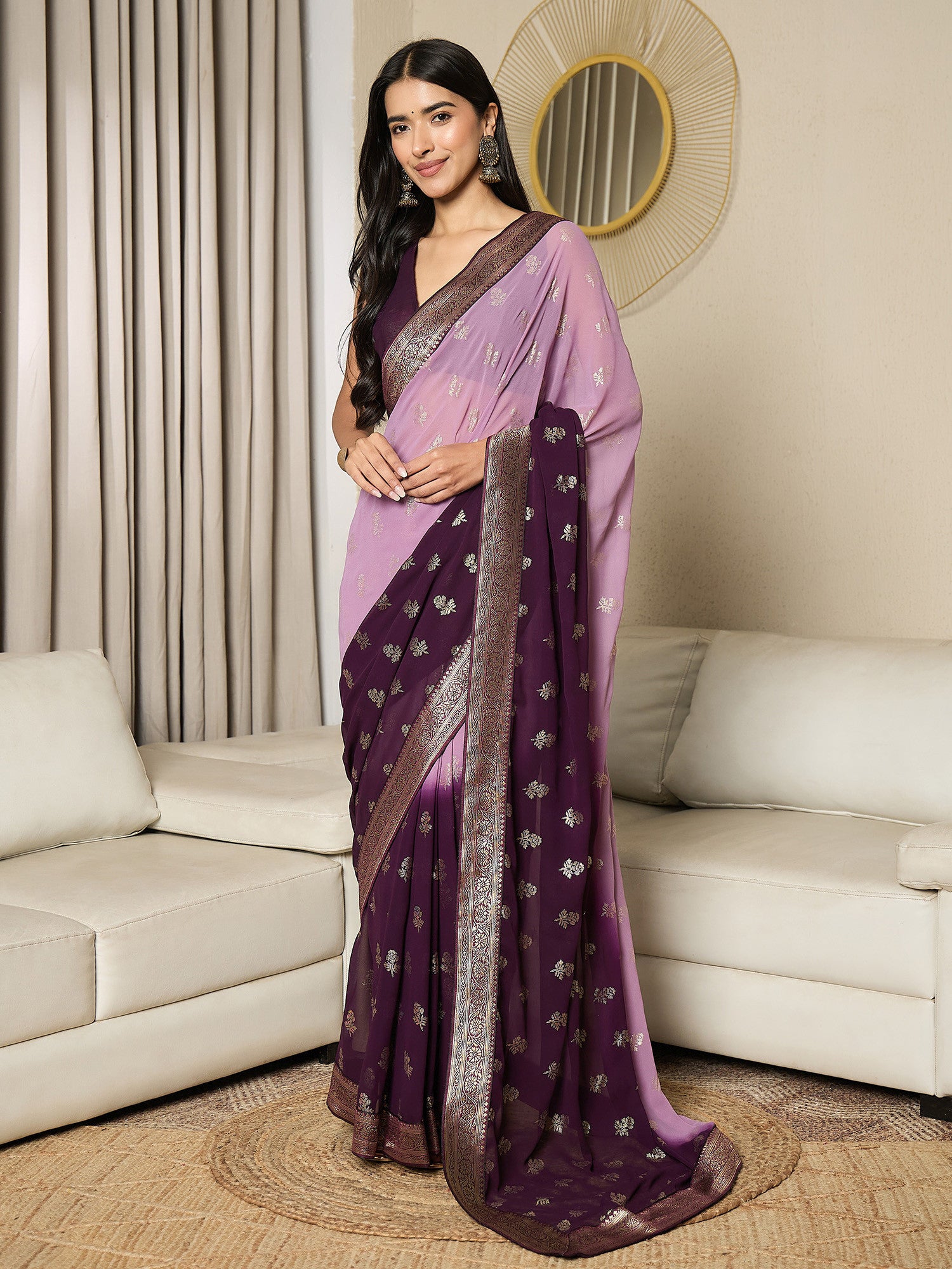 Women's Georgette Pink Printed Ready to Wear with Blouse Piece
