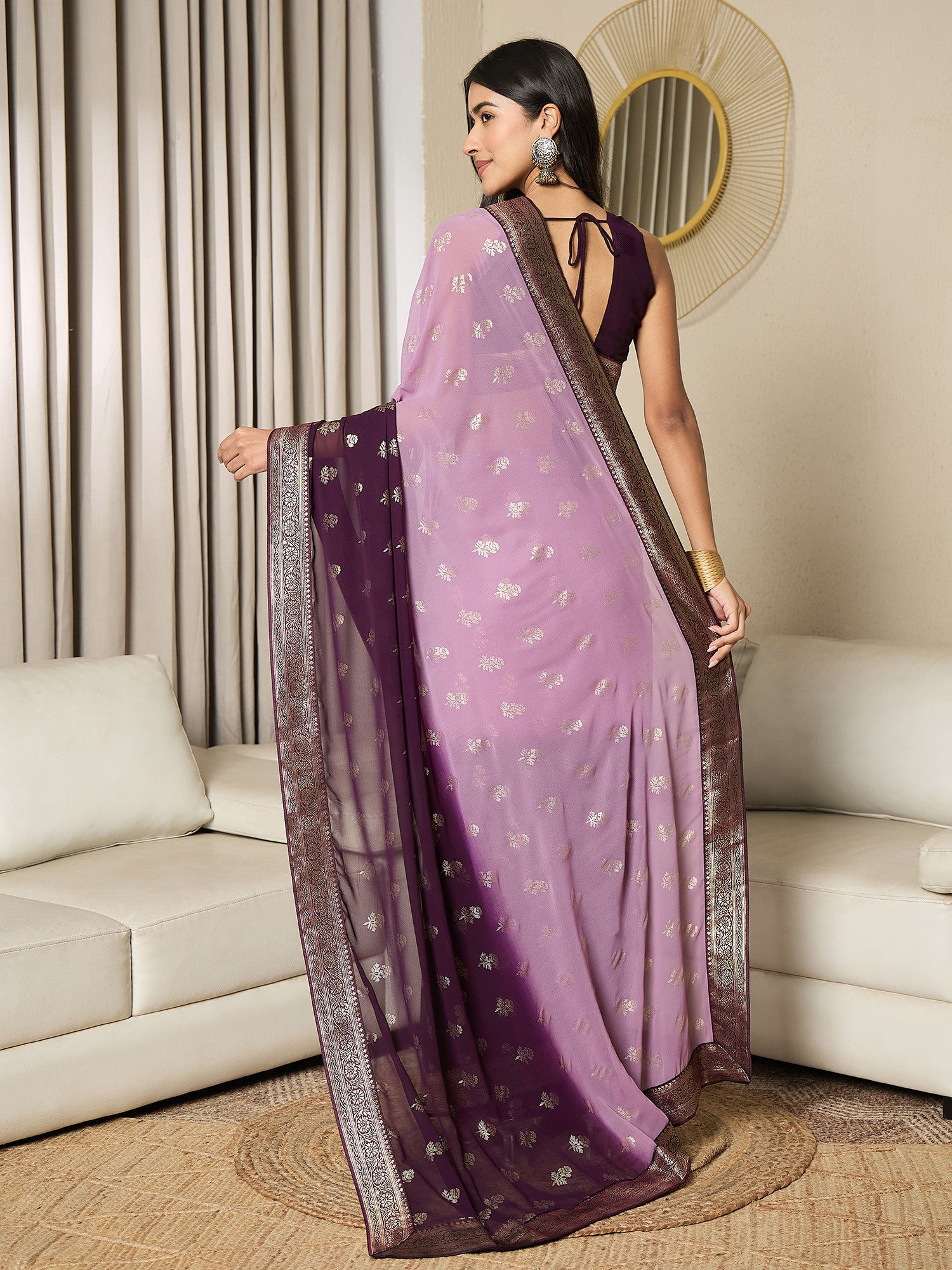 Women's Georgette Pink Printed Ready to Wear with Blouse Piece