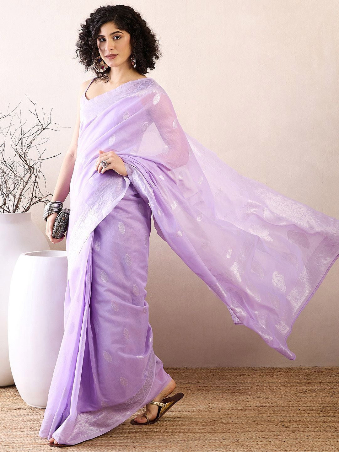 Women's Silk Blend Purple Woven Design Ready to Wear with Blouse Piece