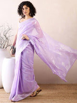 Women's Silk Blend Purple Woven Design Ready to Wear with Blouse Piece