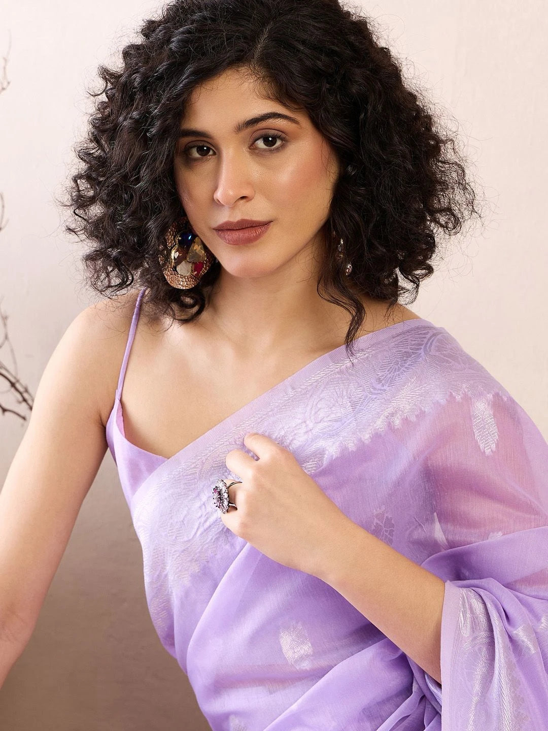 Women's Silk Blend Purple Woven Design Ready to Wear with Blouse Piece