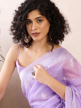 Women's Silk Blend Purple Woven Design Ready to Wear with Blouse Piece