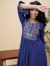 Women's Blue Geometric Yoke Design Bell Sleeves Thread Work Pure Cotton A-Line Kurta