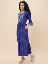 Women's Blue Geometric Yoke Design Bell Sleeves Thread Work Pure Cotton A-Line Kurta