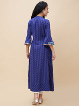 Women's Blue Geometric Yoke Design Bell Sleeves Thread Work Pure Cotton A-Line Kurta