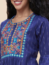 Women's Blue Geometric Yoke Design Bell Sleeves Thread Work Pure Cotton A-Line Kurta