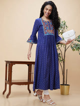 Women's Blue Geometric Yoke Design Bell Sleeves Thread Work Pure Cotton A-Line Kurta