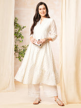 Women's Off White Sequined Silver Foil Printed Paneled Anarkali Kurta