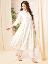 Women's Off White Sequined Silver Foil Printed Paneled Anarkali Kurta