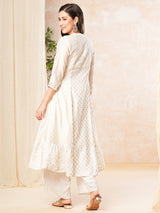 Women's Off White Sequined Silver Foil Printed Paneled Anarkali Kurta