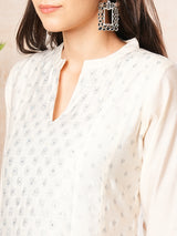 Women's Off White Sequined Silver Foil Printed Paneled Anarkali Kurta