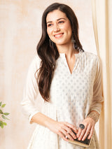 Women's Off White Sequined Silver Foil Printed Paneled Anarkali Kurta