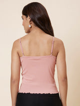 Women's Pink Nude-Color Shoulder Straps Ribbed Fitted Top