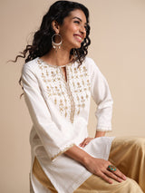 Women's White Casual Solid Three Quarter Sleeves Kurti