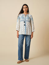Women's White Casual Embroidered Three Quarter Sleeves Top