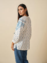 Women's White Casual Embroidered Three Quarter Sleeves Top