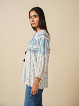 Women's White Casual Embroidered Three Quarter Sleeves Top