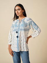 Women's White Casual Embroidered Three Quarter Sleeves Top