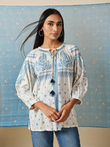 Women's White Casual Embroidered Three Quarter Sleeves Top