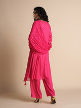 Women's Pink Festive Printed Three Quarter Sleeves Kurta Set