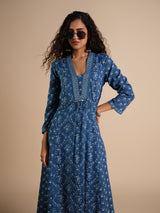 Women's Blue Casual Printed Three Quarter Sleeves Kurta