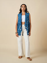 Women's Blue Casual Printed Sleeveless Shrugs