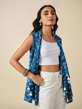 Women's Blue Casual Printed Sleeveless Shrugs