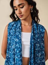 Women's Blue Casual Printed Sleeveless Shrugs