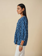 Women's Blue Casual Printed Three Quarter Sleeves Kurti