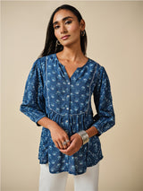 Women's Blue Casual Printed Three Quarter Sleeves Kurti