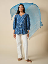 Women's Blue Casual Printed Three Quarter Sleeves Kurti