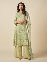 Women's Green Daily Printed Three Quarter Sleeves Kurta Set