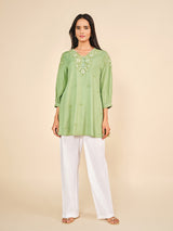 Women's Green Casual Embroidered Three Quarter Sleeves Kurti