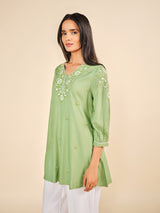 Women's Green Casual Embroidered Three Quarter Sleeves Kurti