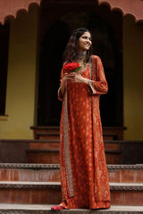 Women's Orange Fusion Printed Full Sleeves Kurta Set