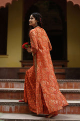 Women's Orange Fusion Printed Full Sleeves Kurta Set