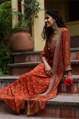 Women's Orange Fusion Printed Full Sleeves Kurta Set