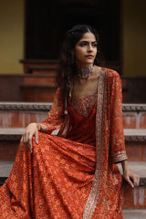 Women's Orange Fusion Printed Full Sleeves Kurta Set