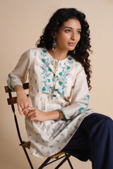 Women's White Casual Printed Three Quarter Sleeves Kurti