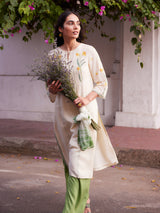 Women's Beige Casual Embroidered Three Quarter Sleeves Kurta