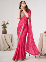 Women's Georgette Pink Embellished Designer Saree With Blouse Piece