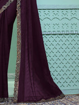 Women's Chiffon Purple Embellished Designer Saree with Blouse Piece