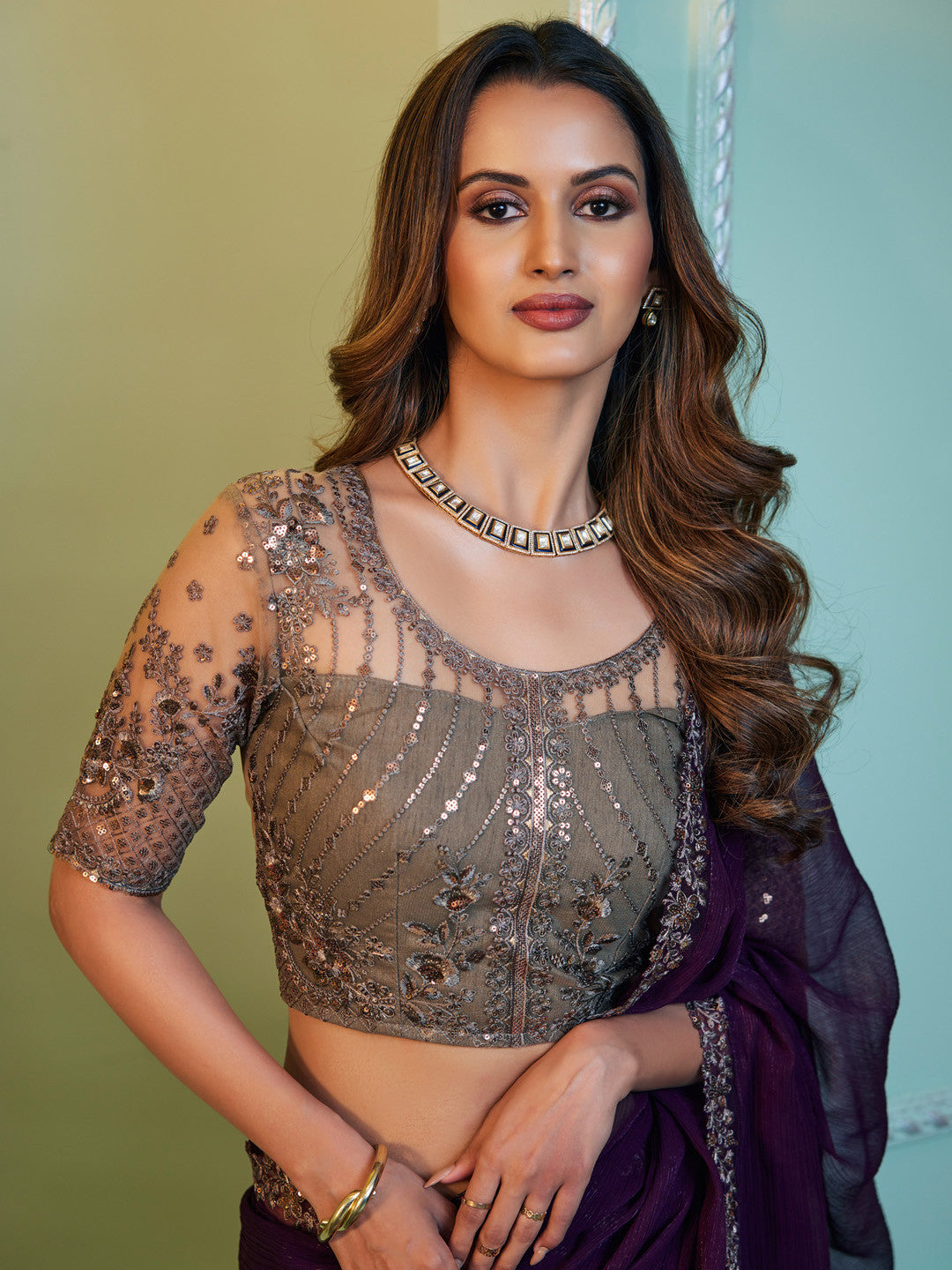 Women's Chiffon Purple Embellished Designer Saree with Blouse Piece