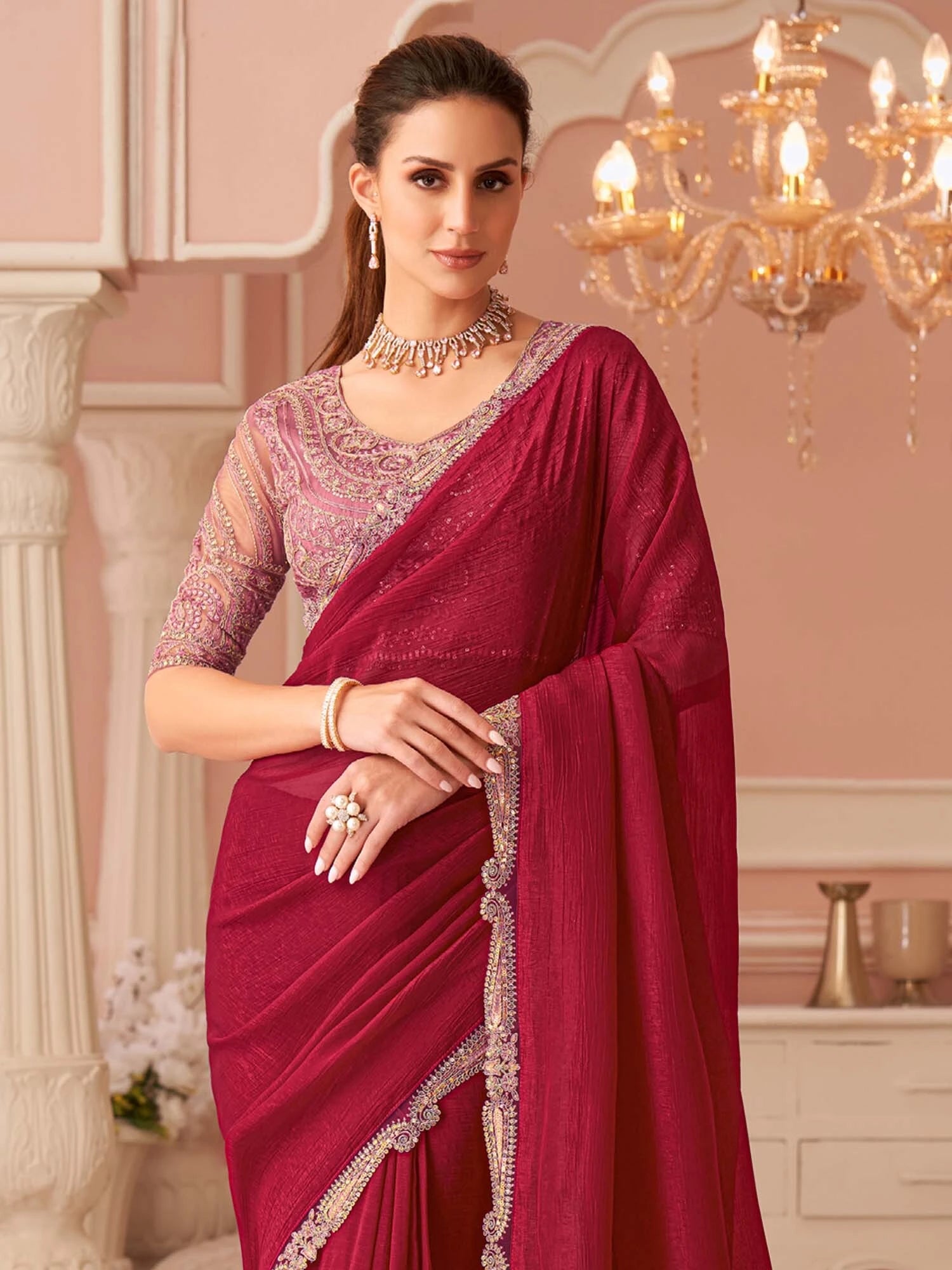 Women's Georgette Pink Embellished Designer Saree with Blouse Piece