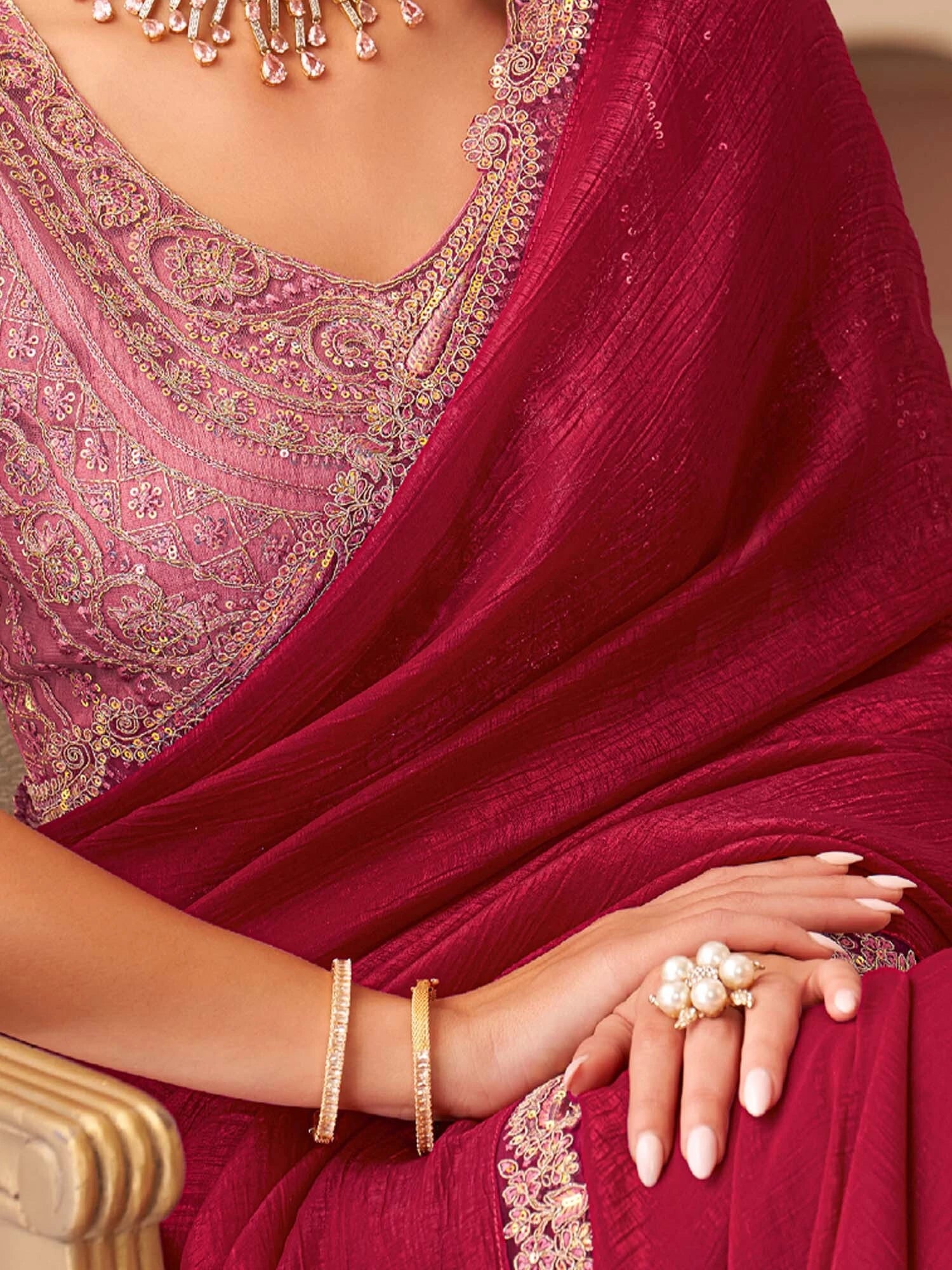 Women's Georgette Pink Embellished Designer Saree with Blouse Piece